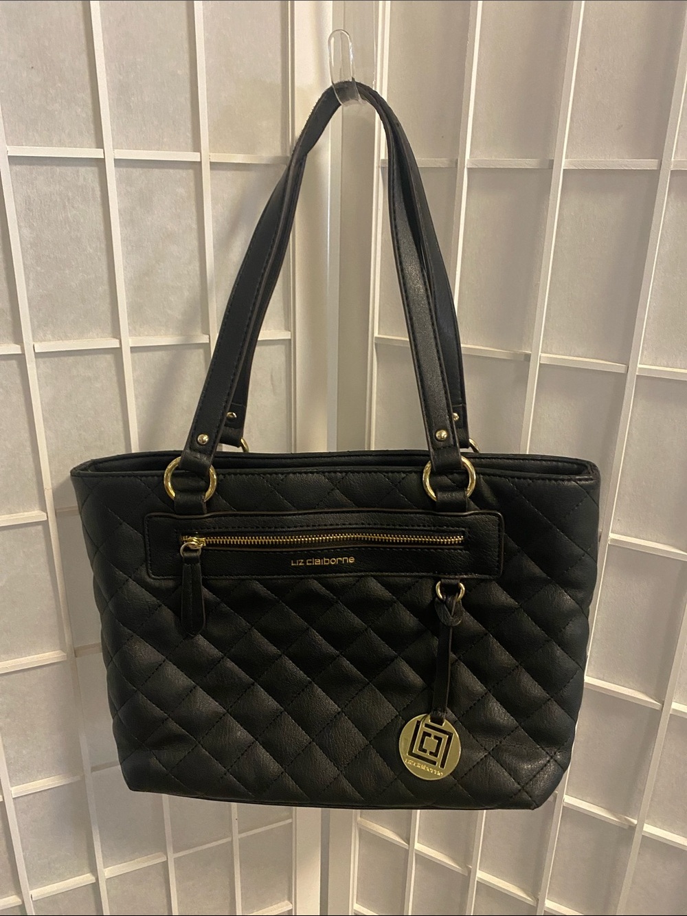 Liz Claiborne Black Quilted Tote with Gold Accents